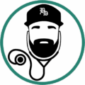 Logo of Bearded Doctor: a bearded man with a stethoscope forming the letter "B", wearing a hat with a stylized "BD" emblem