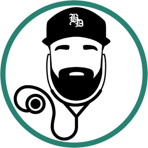 Logo of Bearded Doctor: a bearded man with a stethoscope forming the letter "B", wearing a hat with a stylized "BD" emblem